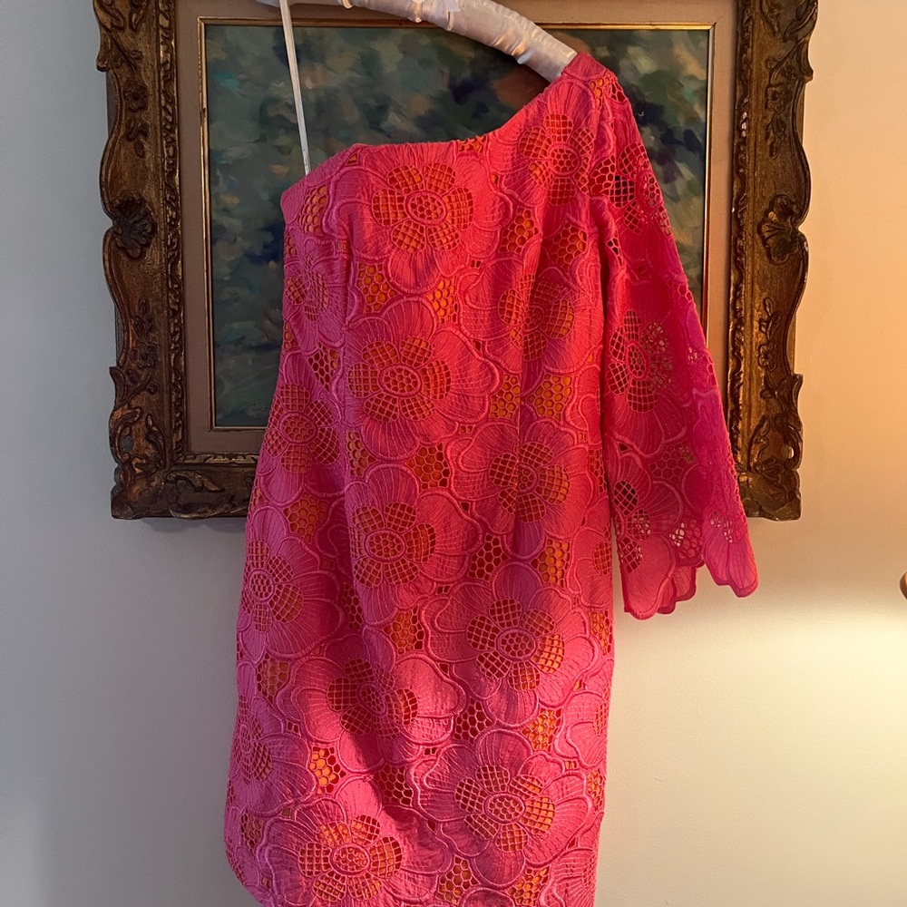 Never worn stunning Lily Pulitzer one sleeved pink and coral lace dress.